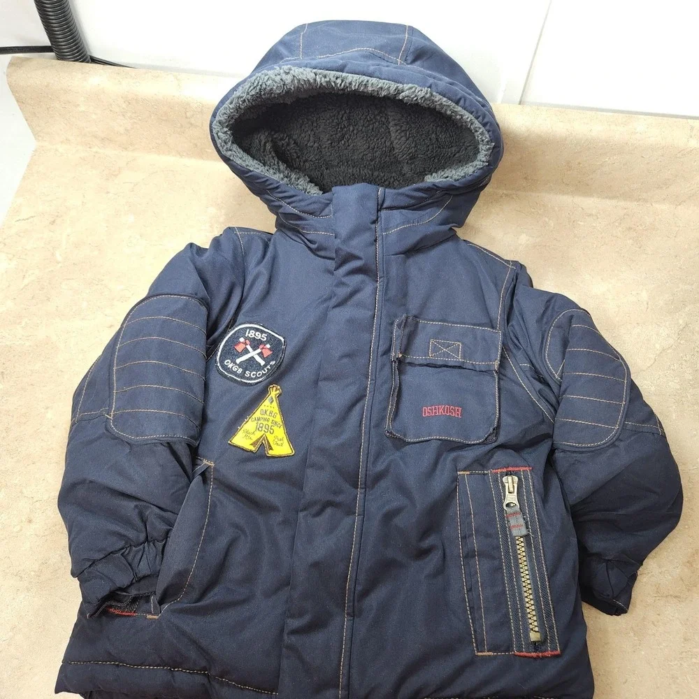 OshKosh B'gosh Jacket Boys 4 Navy Hooded Fleece Lined Parka Patches B213JS2-SA‎